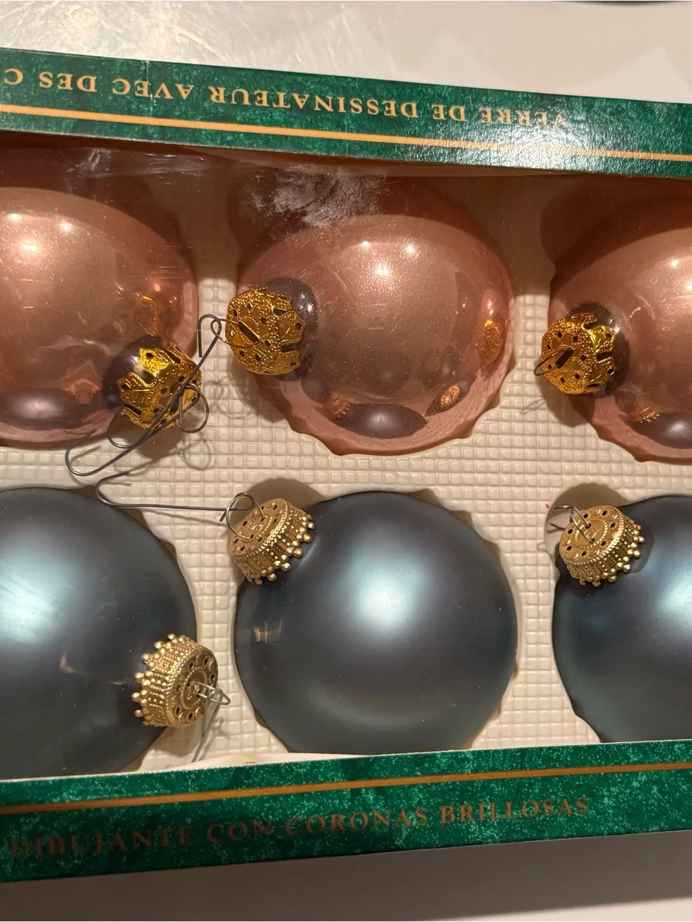 Christmas By Krebs Set Of 6 Designer Glass Kristen Blue & pearl Ornaments